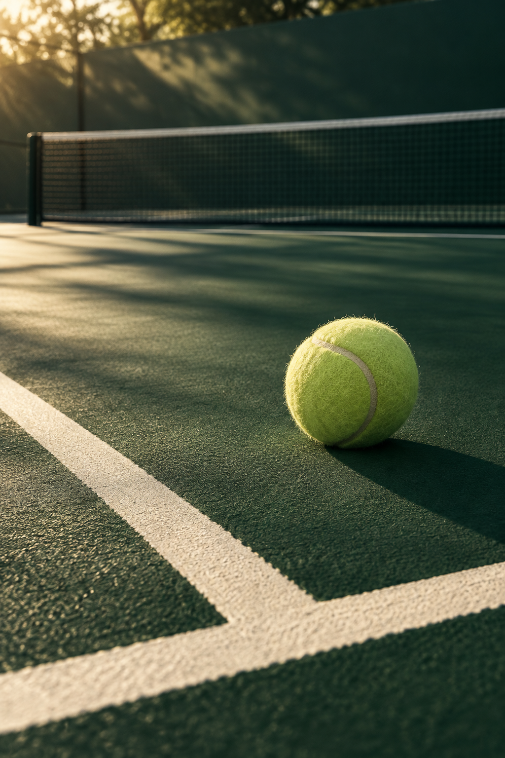 A tennis ball on a green court in warm afternoon sunlight
